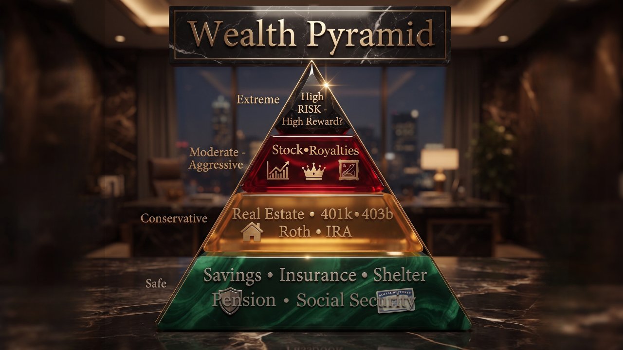 The Wealth Pyramid: a stable base of income and protection at the bottom, riskier opportunities toward the top
